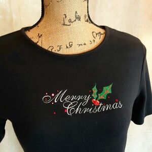 Black Merry Christmas Tee Short Sleeve Embroidered Sz S